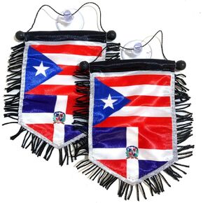 Dominican Republic & Puerto Rico Mini Automobile Mini Flags Banners Family Pack Dominican Puerto Rican Unite Flag for Car Rearview Mirror Car Accessory Decoration for Home, Wall, Door, and Window