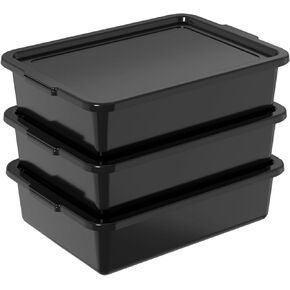 3 Pack 13 L Plastic Commercial Bus Box, Restaurant Bus Tub with Lid, Black
