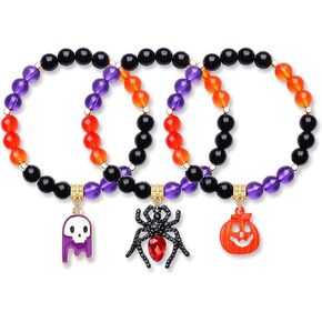 XOCARTIGE Halloween Bracelets for Girls Ghost Cat Pumpkin Charm Bracelet Black Beaded Stretch Bracelet Set for Costume Party