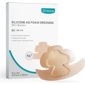 Dimora Silver Silicone Foam Bandage - Antibacterial Wound Dressing,Heel/Elbow/Wrist/Ankle Protectors, Soft Wound Care Pads for Bed Sore,Diabetic Foot,Ulcers,5"x 8" 5 Pack