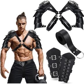 Sanwuta 4 Pcs Halloween Adults Leather Single Shoulder Cover Cape Faux Leather Arm Guards Medieval Knight Belt for Cosplay Black