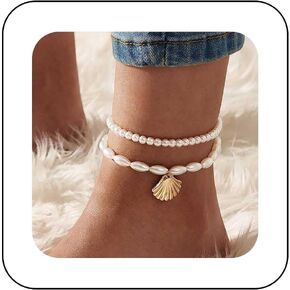 Vintage Layered Shell Pearl Anklet White Pearl Anklet Gold Scallop Shell Anklet Bracelet Pearl Bead Anklet Foot Chain Pearl Stretch Anklet Jewelry for Women and Girls