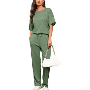 Women's 2 Piece Lounge Sets Short Sleeve Crewneck Waffle Knit Sweater Drawstring Stretchy Long Pants Pajama Sets