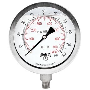 Winters 4" Dial Size, Liquid Filled Industrial Pressure Gauge, Stainless Steel Case and Internals, Dual Scale 0-100 psi/kPa, 1.5% Acc, 1/4" NPT Bottom Mount, Glycerin Filled Pressure Gauge