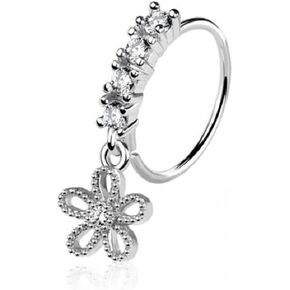 Pierced Owl 20GA 316L Stainless Steel CZ Crystal Lined Hoop with Dangling Cutout Flower Bendable Nose Ring