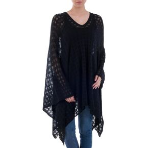 NOVICA Artisan Handmade Baby Alpaca Blend Poncho Black Bohemian Style One Size Fits Most from Peru Wool Clothing Patterned ' Beautiful Shadow'