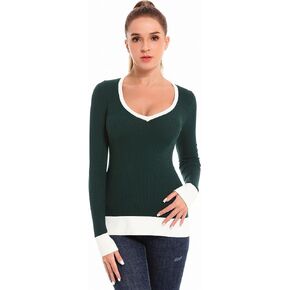 AmélieBoutik Women Color Trim V Neck Long Sleeve Pullover Knit Sweater Top