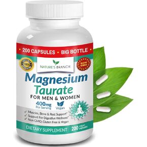 Magnesium Taurate 400mg - 200 Capsules - High Absorption for Sleep, Heart Health, Calm, Joint Supplement for Women and Men - Made in USA, Pure Elemental Mag Powder Plus Taurine - Extra Strength Pills