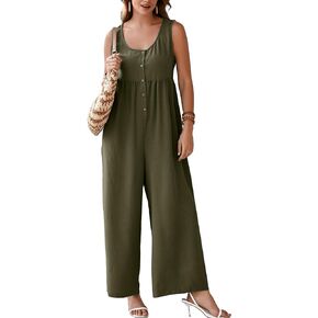 Glamaker Women's Casual Summer Sleeveless Jumpsuits Button Up Wide Leg Pant Romper Baggy Overalls With Pockets