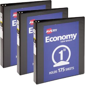 Avery Economy View 3 Ring Binder, 1 Inch Round Rings, 3 Black Binders (01665)
