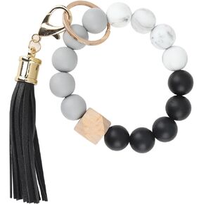Silicone Beaded Bracelet Keychain with Leather Tassel,Elasticity Key Ring Bracelet for Women and Girls(Black) in Saudi Arabia