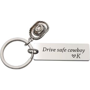 Drive Safe Cowboy Keychain Engraved Initial Personalized Gift for Husband Boyfriend Cowboy Hat Keyring New Drive Gift