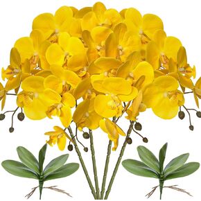 FagusHome 32" Artificial Phalaenopsis Flowers 4 Pcs with 2 Bundles Leaves Artificial Orchid Flowers Stem Plants Fake Butterfly Phalaenopsis Flowers for Home Wedding Party Décor (Blue)