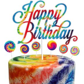 7Pcs Tie Dye Happy Birthday Cake Topper Party Supplies Decorations Tie Dye Carnival Birthday Cake Backdrop Decor for Boys Girls