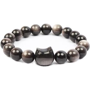 Cat Black Obsidian Bracelets, Beaded Bracelets Healing Crystal Bracelet Stretch Bracelets for Women String Gemstone Round Beads Bracelet Cat Gifts for Cat Lovers Fashion Jewelry Gift for Women Girls