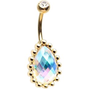 Pierced Owl 14GA Gold Tone Iridescent Aurora Borealis Crystal Teardrop Belly Button Ring