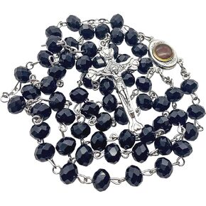 Nazareth Store Crystallized Black Rosary Crystal Beads Necklace Holy Soil Medal & Cross - Velvet Bag