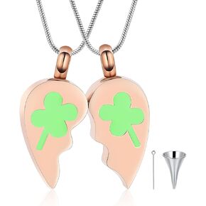2-Split Heart with Four Leaf Clovers Cremation Jewelry Necklace Urn Memorial Keepsake Pendant for Ashes Friendship Necklace