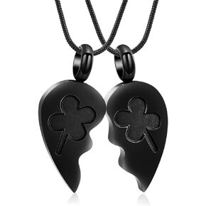 2-Split Heart with Four Leaf Clovers Cremation Jewelry Necklace Urn Memorial Keepsake Pendant for Ashes Friendship Necklace