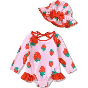 Baby Girls One Piece Swimsuit Long Sleeve Floral Bathing Suit+Hat 2Pcs