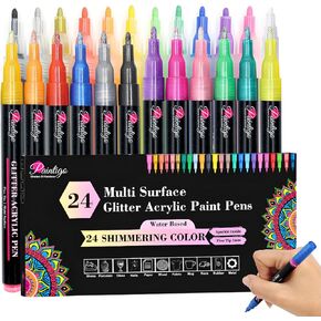 24 Colors Glitter Paint Pens Paint Markers, for Rock Painting, Wood, Canvas, Ceramic, Shoes, Fabric, Scrapbooking, DIY Craft Making, Card Making, Acrylic Glitter Markers for craft Supplies