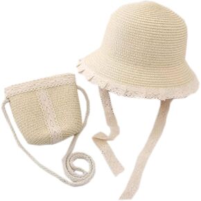 Kids Sun Hat Girls Lace Straw Hat Bucket Cap with Mini Cross Body Straw Bag Summer Beach Straw Hat Outdoor Travel
