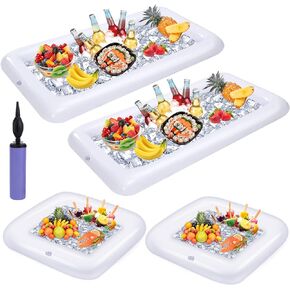 4 Pack Inflatable Ice Serving Bar Pool Party Buffet Drink Cooler Floating Ice Tray Food Drink Containers for Summer Parties with Inflatorce