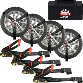 Vehiclex 4 Pack 2" x 10' Wheel Tie Down Straps with Flat Hooks - 11023 lbs BS Ratchet Straps - Ultimate Car Tie Down Straps for Trailers