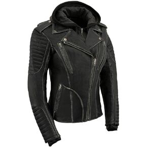 Milwaukee Leather MLL2516 Black Leather Rub-Off Leather Jacket with Hoodie for Women