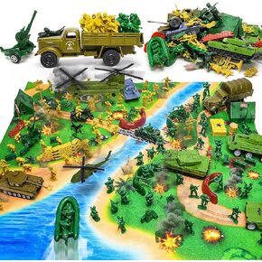 Army Men Playset Toys with Plastic Army Men Action Figures, Military Toys with Army Men Mat, Toy Soldiers for Boys with Green Army Men Figures, Army Men Tanks, Army Toys for Boys Age 4-8-12