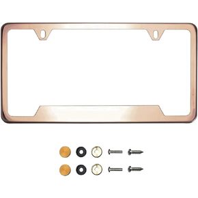 Bottom Corner Cut Out Version Rose Gold Chrome Polish Mirror License Plate Frame T304 Stainless Steel + Metal Screw Caps