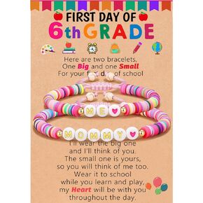 2Pcs First Day of School Bracelet Mommy/Mother And ME/Daughter Pink Polymer Clay Rope Heart Beaded Bracelet With Message Card Protection Anxiety Relief Jewelry Back To School Gifts
