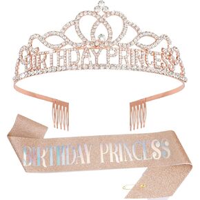 CIEHER Purple Birthday Crown & Birthday Princess Sash Set, Princess Purple Birthday Decorations, Birthday Girl Crown Birthday Crown and Sash, Birthday Sash for Women Girls