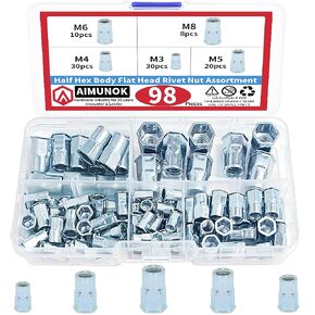 158Pcs M3 M4 M5 M6 M8 M10 Half Hex Body Flange Rivet Nuts Assortment Kit, Blue Zinc Plated Carbon Steel Flat Head Threaded Insert Nut Rivnut Set (158pcs Kit)