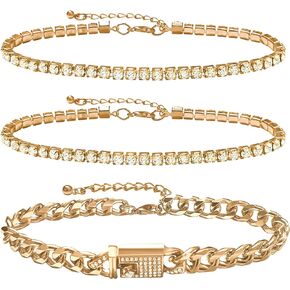 3Pcs Cuban Link Anklets for Women - Ankle Bracelets for Women, Gold Anklets for Women, Summer Jewelry Beach Anklet for Women, Cuban Link Anklet, Diamond Anklet for Women Waterproof, Adjustable Layered