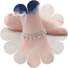Boho Flower Tassel Ankle Bracelet Silver Bead Dangle Anklet Bracelet Vintage Hollow Flower Chain Anklet Sliver Bead Drop Anklet Foot Chain Jewelry for Women and Girls