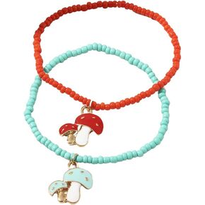 Pingyongchang Lovely Mushroom Charm Beads Strand Bracelet Anklet Bohemian Cute Colorful Bead Crystal Stackable Elastic Bracelet Jewelry Set for Women Girls
