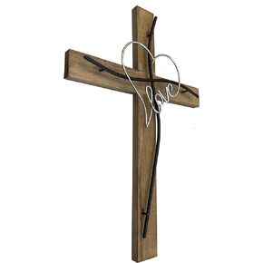 Top Brass Large Love/Heart Decorative Welded Offset Metal/Rustic Wood Wall Cross - Valentine, Anniversary Jesus Art Decor