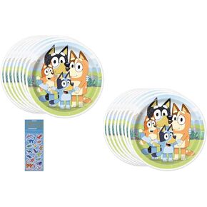 Bluey Birthday Party Supplies Bundle Pack includes Lunch Paper Plates - 16 Count and 1 Dinosaur Sticker Sheet