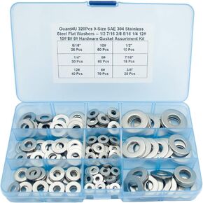 320 قطعة 9 مقاسات SAE 304 غسالات مسطحة من الفولاذ المقاوم للصدأ - 1/2 7/16 3/8 5/16 1/4 12# 10# 8# 6# مجموعة متنوعة من حشيات الأجهزة in Kuwait