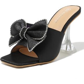 Women's Bowknot High Heel Mule Sandals Clear Heels Square Toe Satin Bow Mules Backless Slip on Slippers Comfortable Wedding Party Dress Shoes