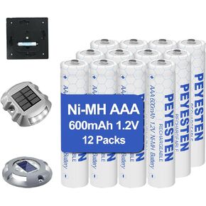 1.2V 600mAh Ni-MH AAA Rechargeable Batteries, Triple A Batteries for Outdoor Solar Lights, String Lights, Pathway Lights, Pre-Charged, 12 Pack