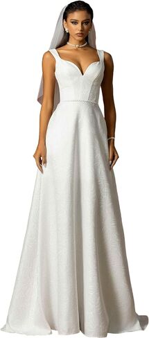 Women’s Sexy Deep-V Neck A-Line Backless Maxi Wedding Dress, Simple Spaghetti Strap Lightweight Formal Bridal Gown in Saudi Arabia