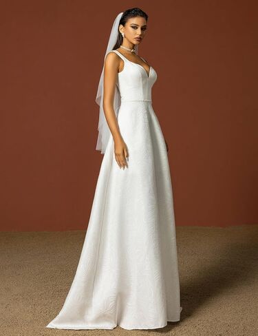 Women’s Sexy Deep-V Neck A-Line Backless Maxi Wedding Dress, Simple Spaghetti Strap Lightweight Formal Bridal Gown in Saudi Arabia