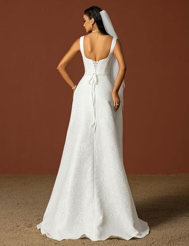 Women’s Sexy Deep-V Neck A-Line Backless Maxi Wedding Dress, Simple Spaghetti Strap Lightweight Formal Bridal Gown in Saudi Arabia