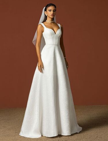 Women’s Sexy Deep-V Neck A-Line Backless Maxi Wedding Dress, Simple Spaghetti Strap Lightweight Formal Bridal Gown in Saudi Arabia