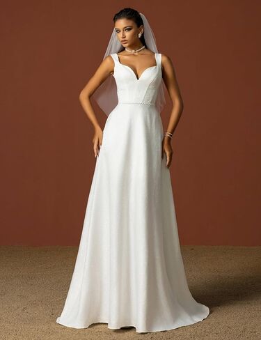 Women’s Sexy Deep-V Neck A-Line Backless Maxi Wedding Dress, Simple Spaghetti Strap Lightweight Formal Bridal Gown in Saudi Arabia