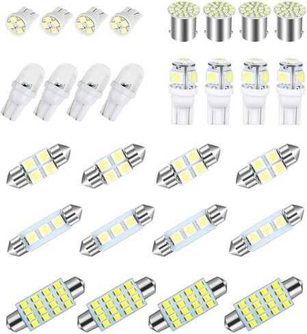 مجموعة كومبو LED للوحة الترخيص مكونة من 28 قطعة، ضوء داخلي T10/31 مم/36 مم/41 مم/1157 ضوء مؤشر العرض، ضوء قراءة ذو طرف مزدوج، مناسب للسيارات والشاحنات وسيارات الدفع الرباعي وRVs (الضوء الأبيض) in Kuwait
