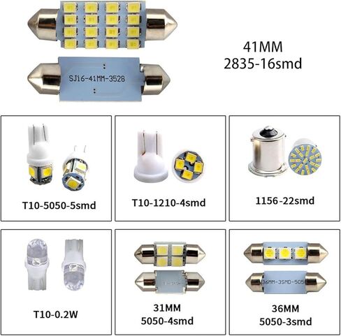 مجموعة كومبو LED للوحة الترخيص مكونة من 28 قطعة، ضوء داخلي T10/31 مم/36 مم/41 مم/1157 ضوء مؤشر العرض، ضوء قراءة ذو طرف مزدوج، مناسب للسيارات والشاحنات وسيارات الدفع الرباعي وRVs (الضوء الأبيض) in Kuwait
