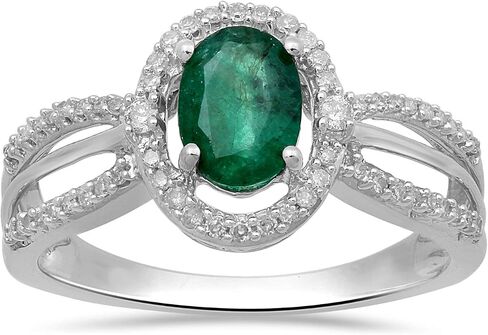 Jewelili 10K White Gold 7x5MM Oval Shape Emerald and 1/5 Cttw Natural White Round Diamond Ring, Size 7 in Saudi Arabia